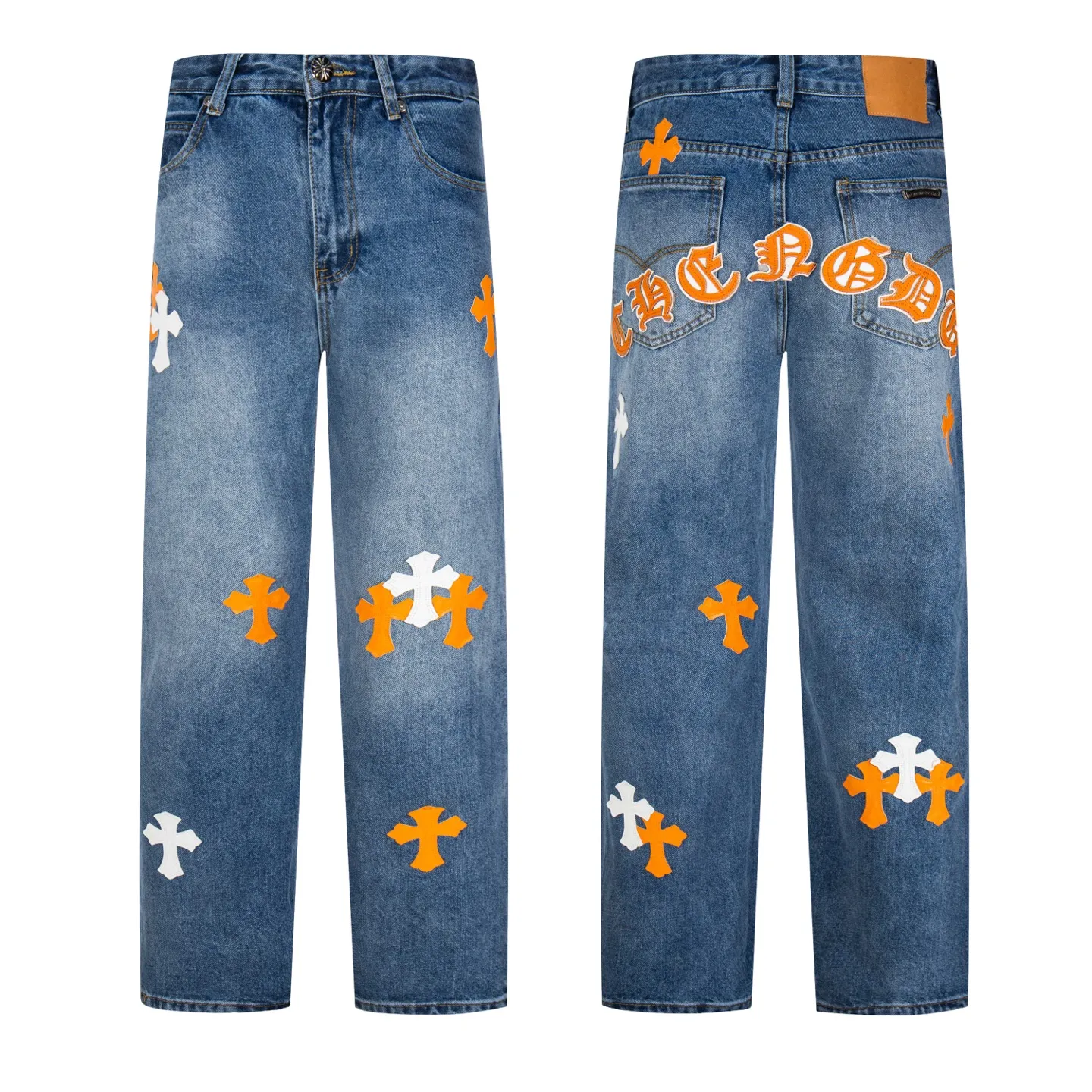 P260 Chrome Hearts light blue pants, Sanskrit yellow and white patchwork leather jeans. CH jeans need to be washed before being dismantled and then hand-stitched with sheepskin cross leather and then spliced ​​together. The whole piece has too many craftsmanship to explain. The patchwork is decorated with cross flowers, and the high-waisted washed jeans! ! Absolutely high-end luxury products, god-level single products and super popular products, made with top heavy industry, a must-see magic weapon. Customized hardware. The fabric is thick and soft after washing. It has good breathability. Customized small leather label. Unique design. The details are simple and elegant, and the workmanship is exquisite. The entire trousers are neatly routed and the details are in place! It’s so cool that both men and women can easily control the genderless trend! Style number: 1804# Color: blue Size: 28 30 32 34